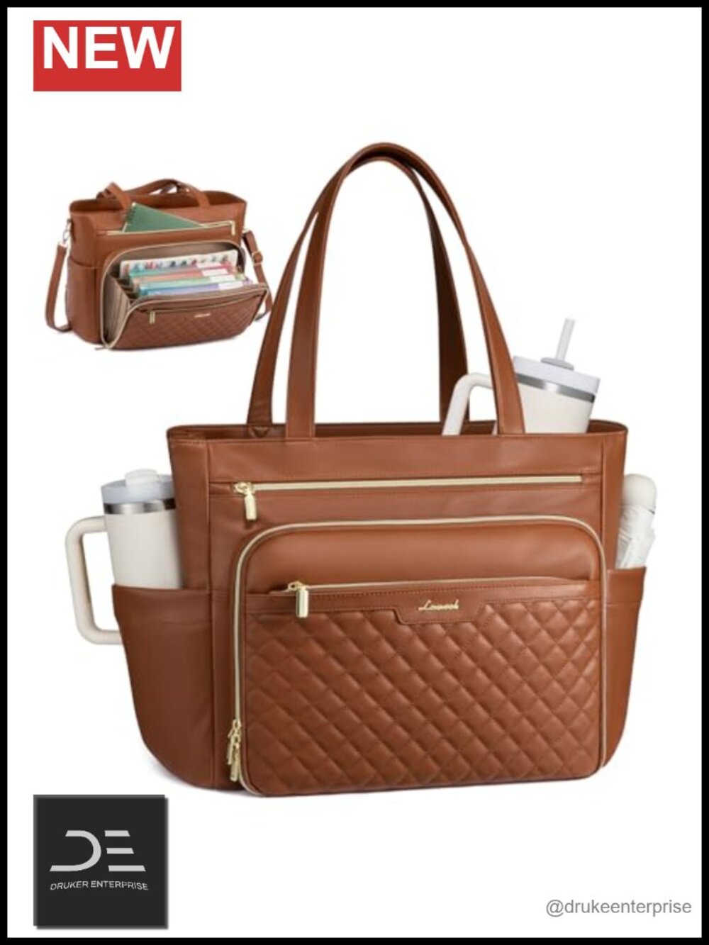 Quilted PU Leather Laptop Tote Bag with Accordion File Pocket